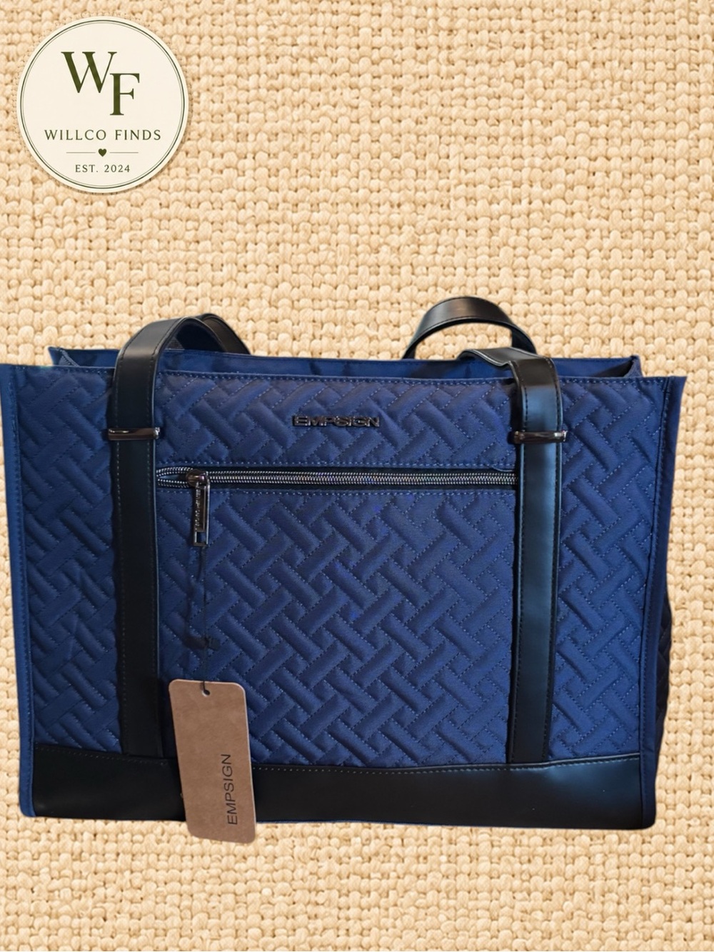 EMPSIGN Navy Quilted Laptop Tote Bag Black Trim NWT Work Travel Bag